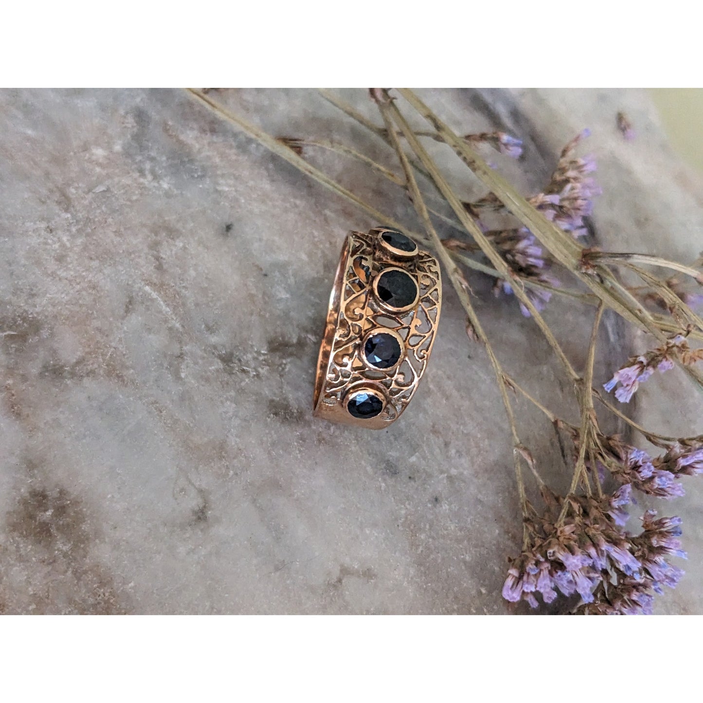 Vintage 14k Yellow Gold Filligree with 5 Sapphires Ring Size 9