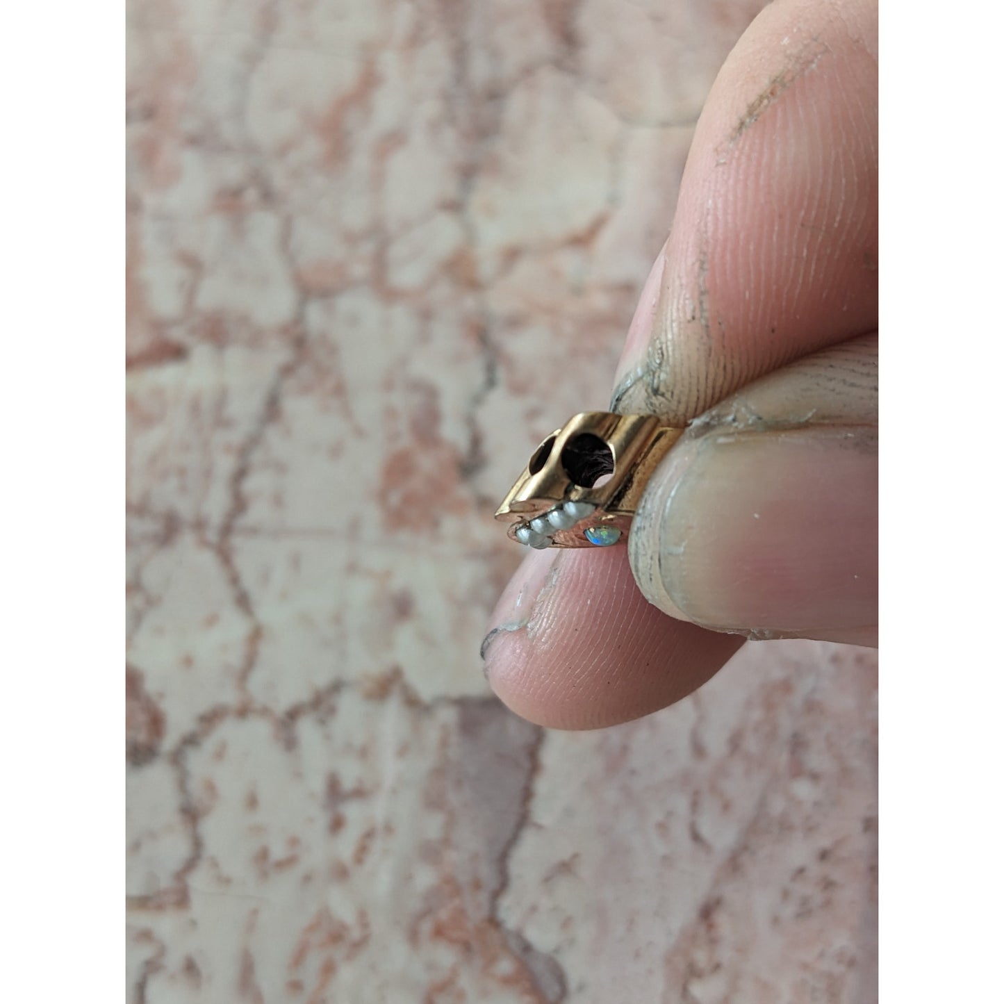 Vintage Unmarked 10k Gold Slider Charm with Faux White Opal and Pearls