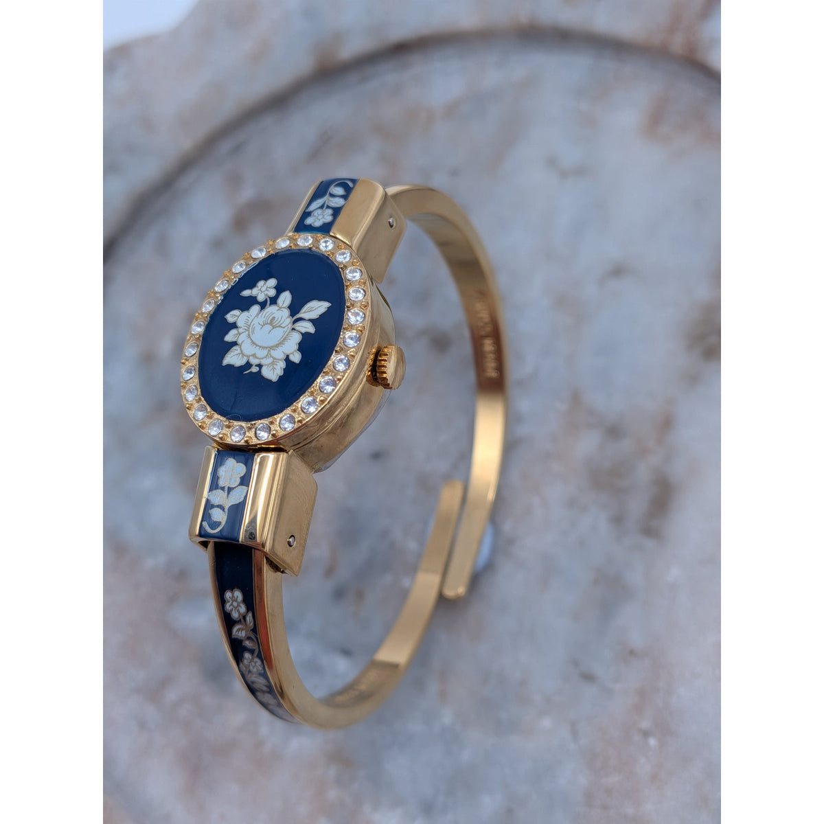 Vintage Andre Mouche Gold Tone Peekaboo Watch Blue Enamel White Flowers in Box