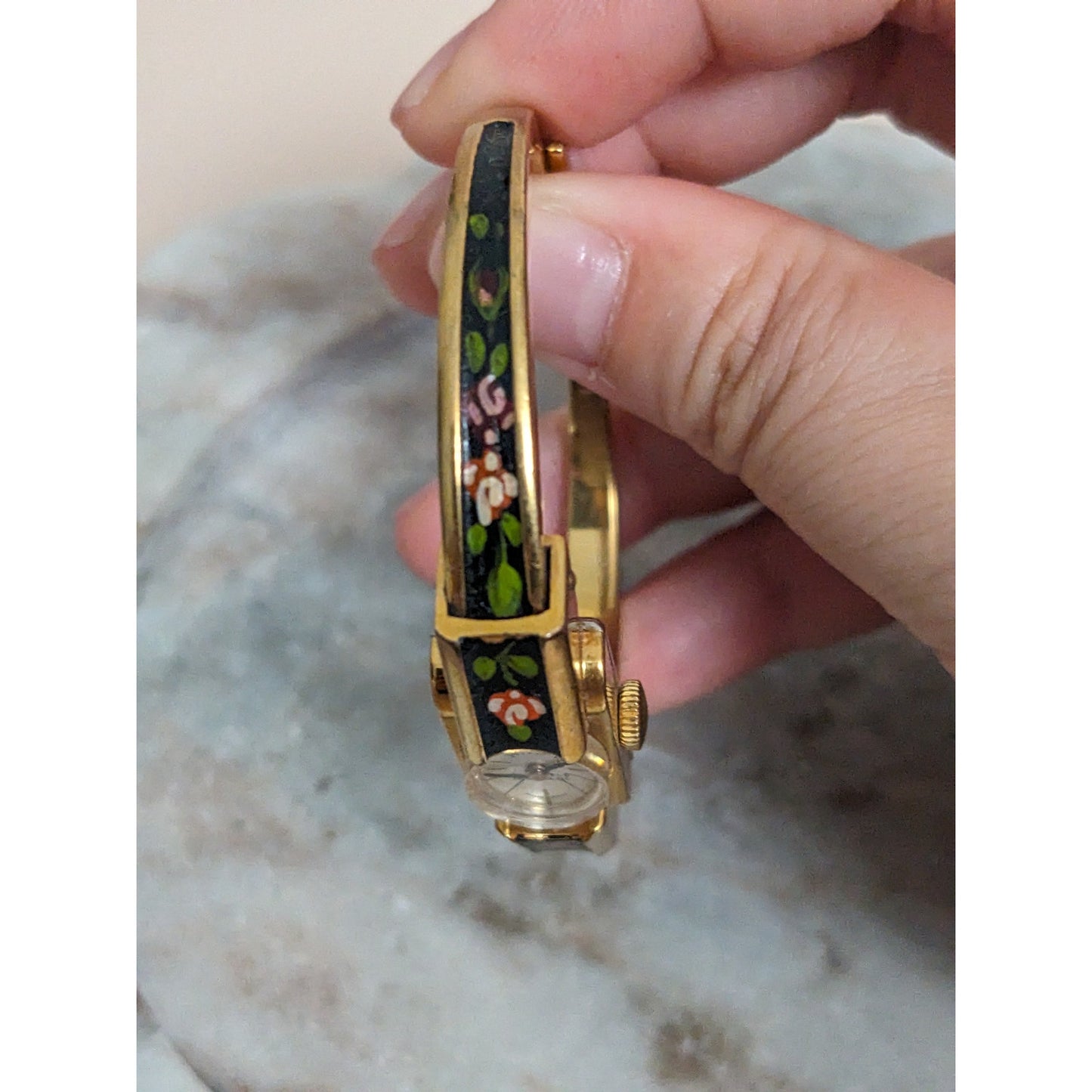 Vintage Andre Mouche Silver Tone Bangle Watch with Blue Floral Enamel Working