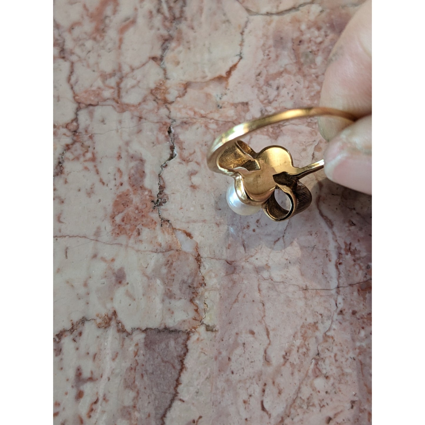 Vintage 10k Yellow Gold Two Faux Pearl Bow Ring Size 7