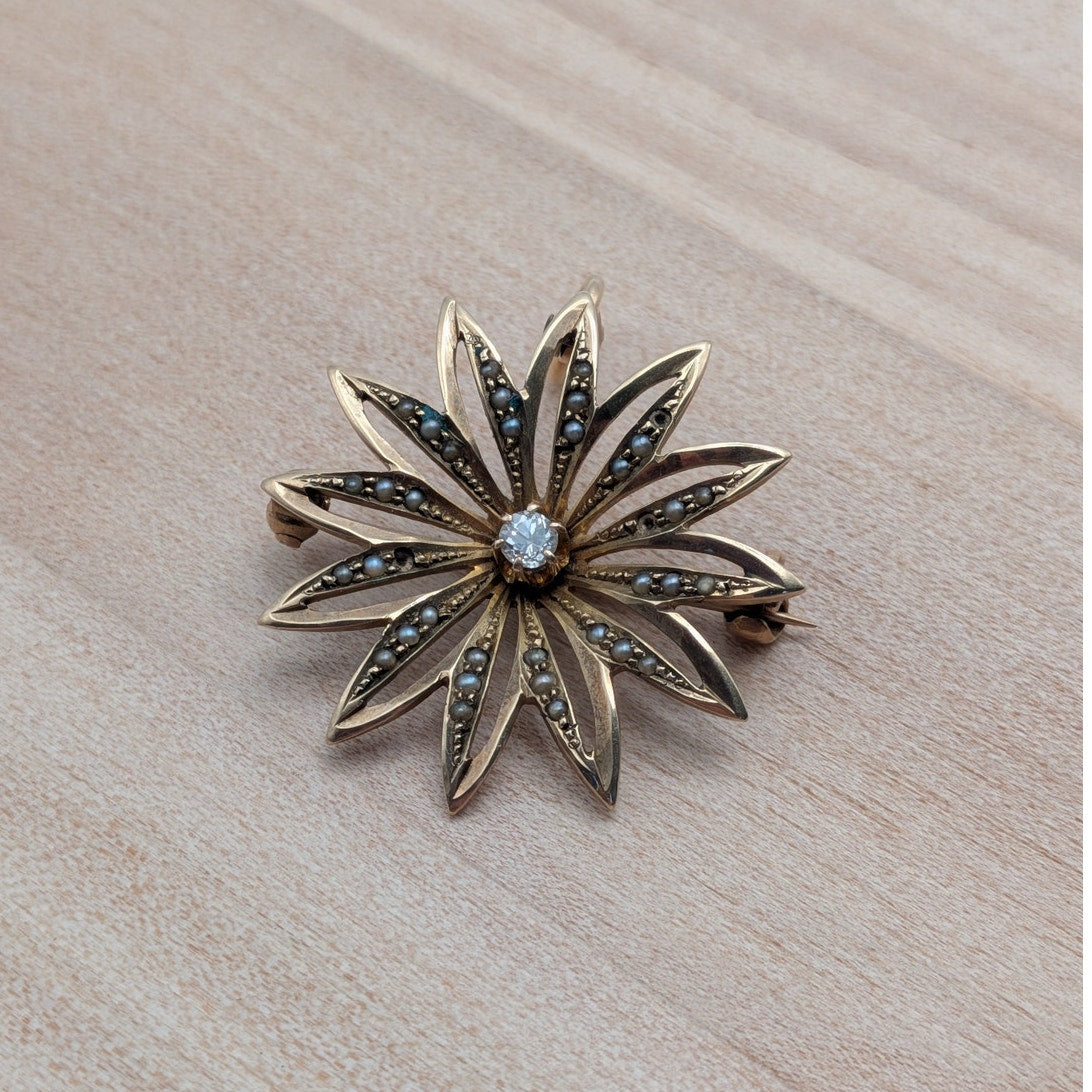 FLAW Vintage 10k Yellow Gold Seed Pearl Diamond Star Brooch Pendant