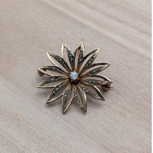 FLAW Vintage 10k Yellow Gold Seed Pearl Diamond Star Brooch Pendant