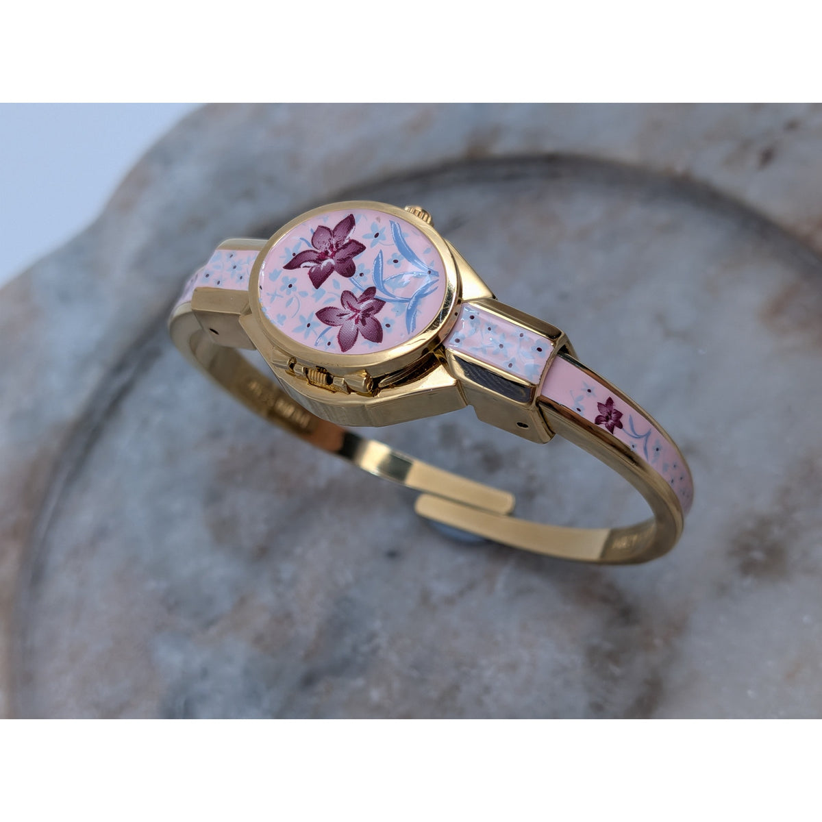 Preowned Andre Mouche Gold Tone Peekaboo Watch Pink Enamel Purple Flowers
