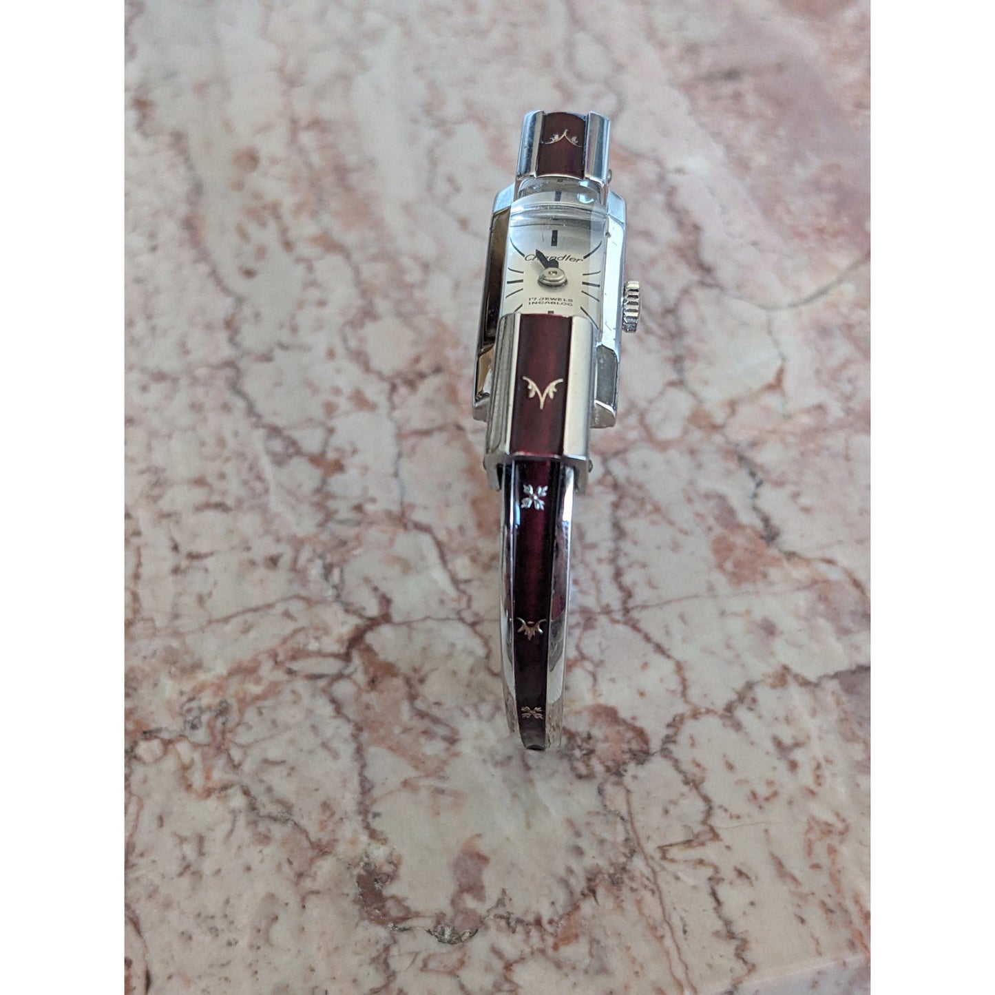 Vintage Chandler Manual Silver Tone Bangle Watch Red Enamel Botanical Shqapes