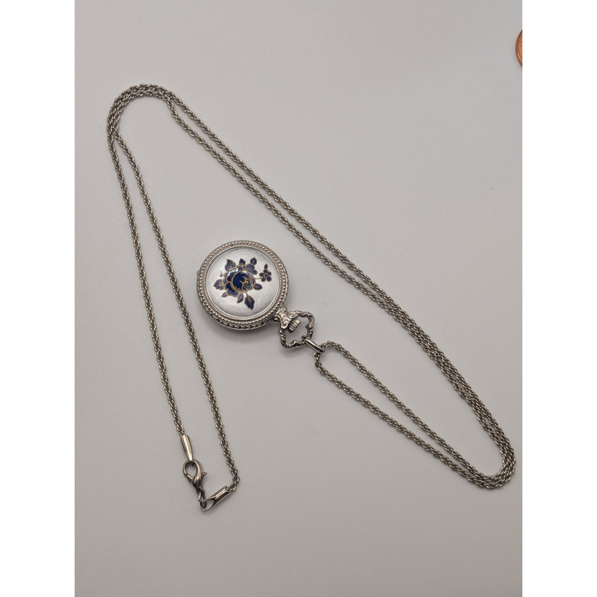 Vintage Andre Mouche Silver Tone Pendant Watch Necklace Grey Enamel Blue Flowers