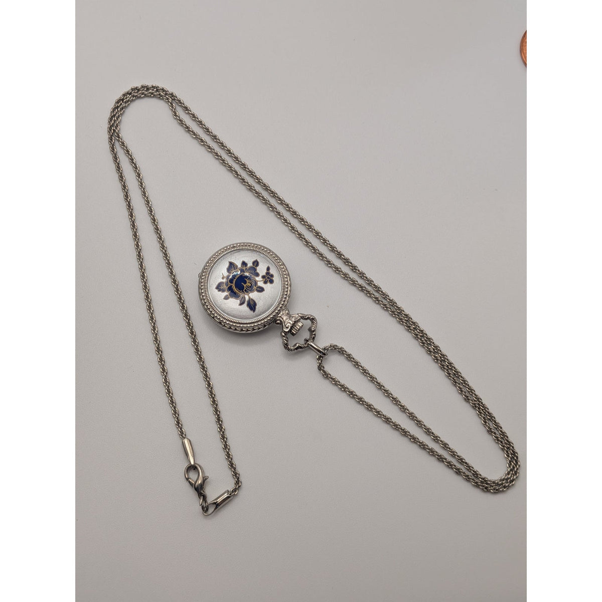 Vintage Andre Mouche Silver Tone Pendant Watch Necklace Grey Enamel Blue Flowers