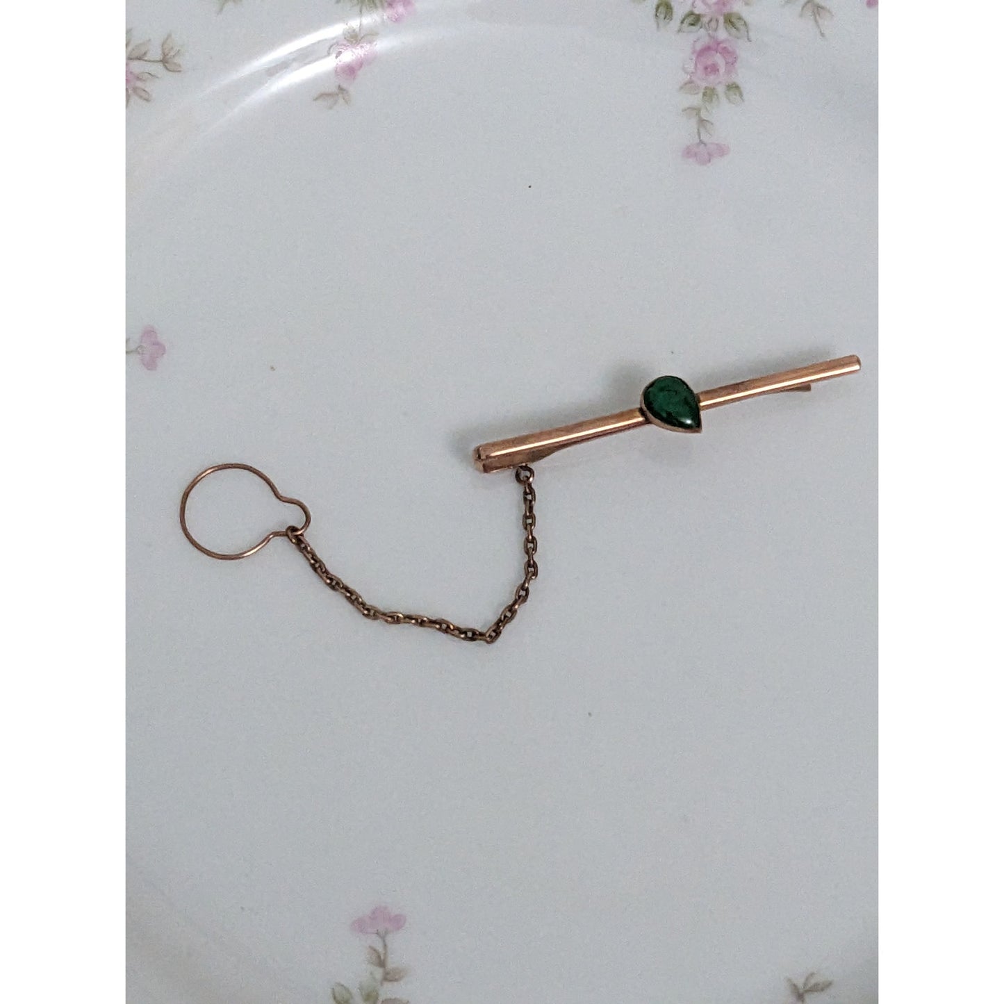 Vintage Unmarked 10k Rose Gold Tie Bar with Green Teardrop Gem