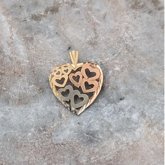 Vintage 14k Gold Tri-color Hearts within Hearts Pendant