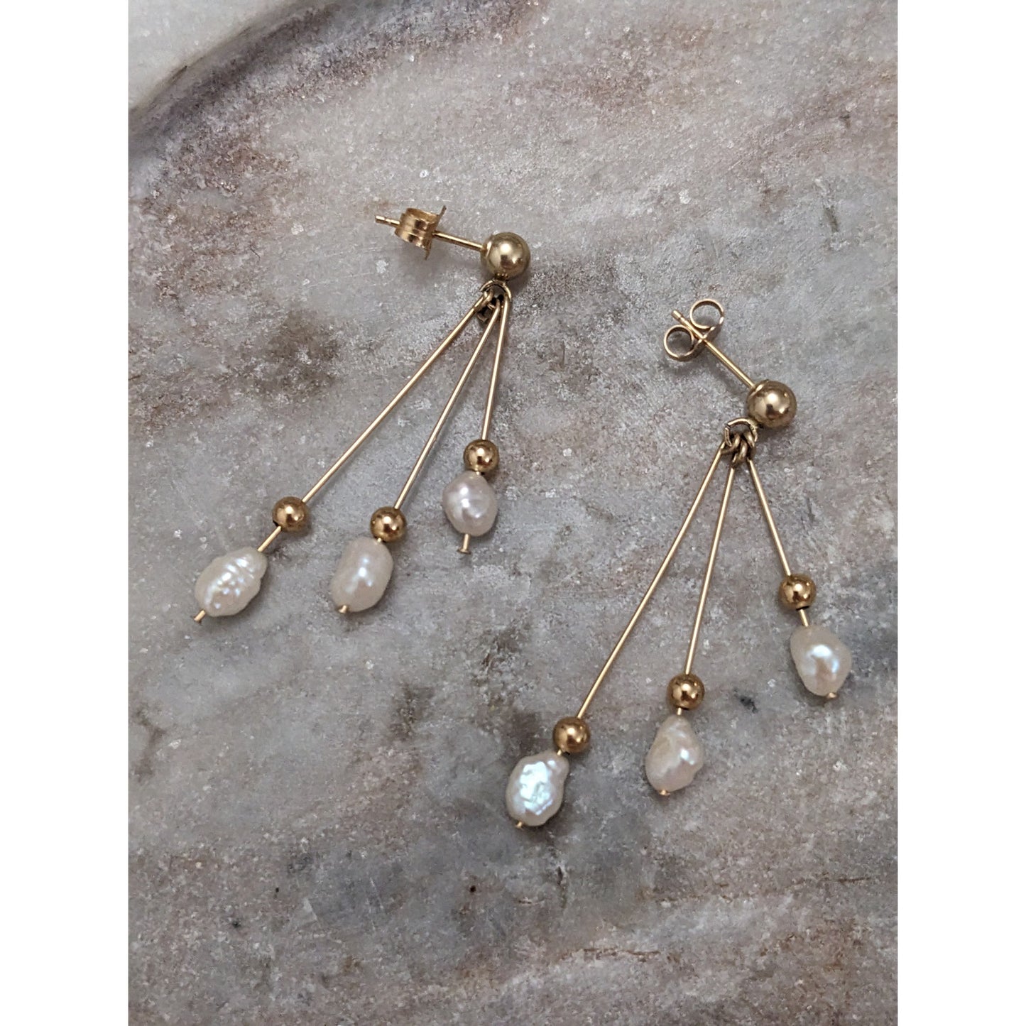 Vintage 14k Yellow Gold 3-Tier Dangle Freshwater Pearl Earrings