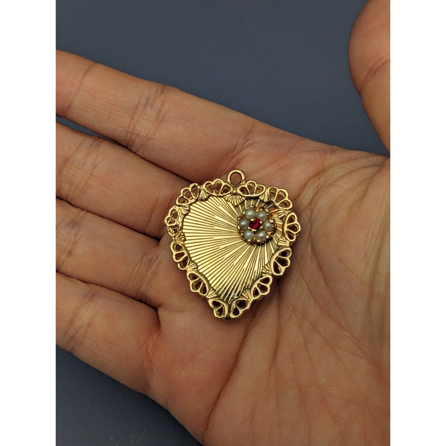 Vintage 14k Solid Yellow Gold with Pearls and Red Gem Flower Heart Pendant