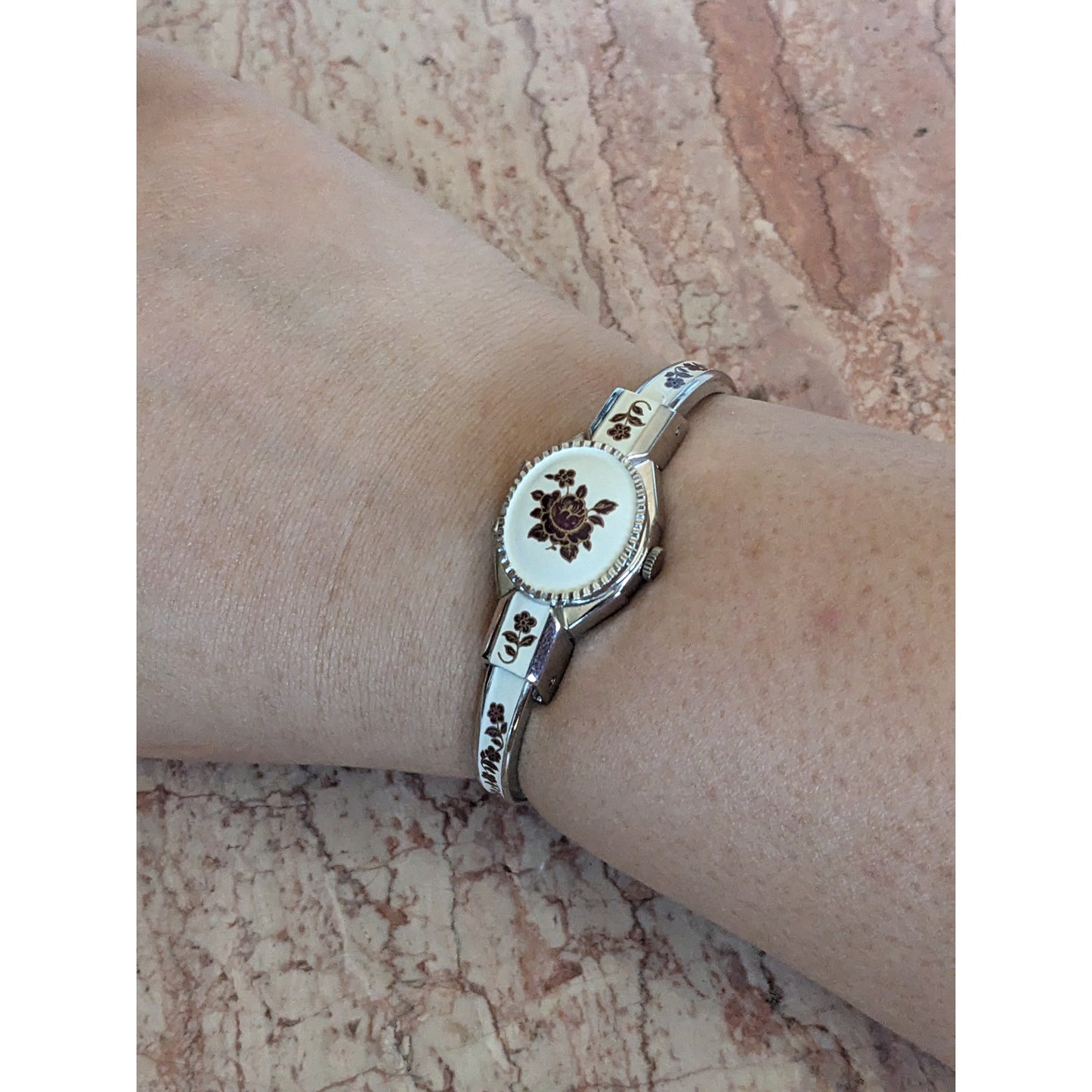 Vintage Andre Mouche Silver Tone Bangle Watch White Enamel Deep Red Flowers