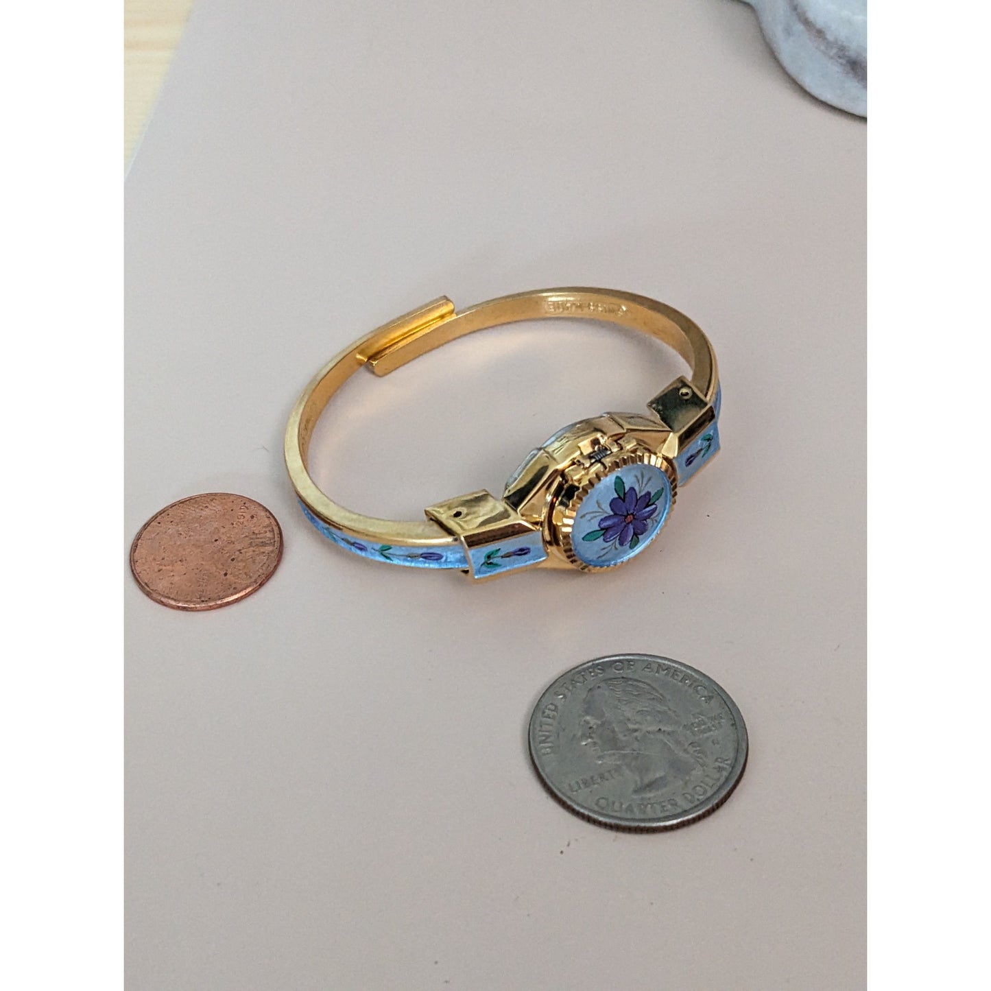 Vintage Andre Mouche Silver Tone Bangle Watch with Blue Floral Enamel Working