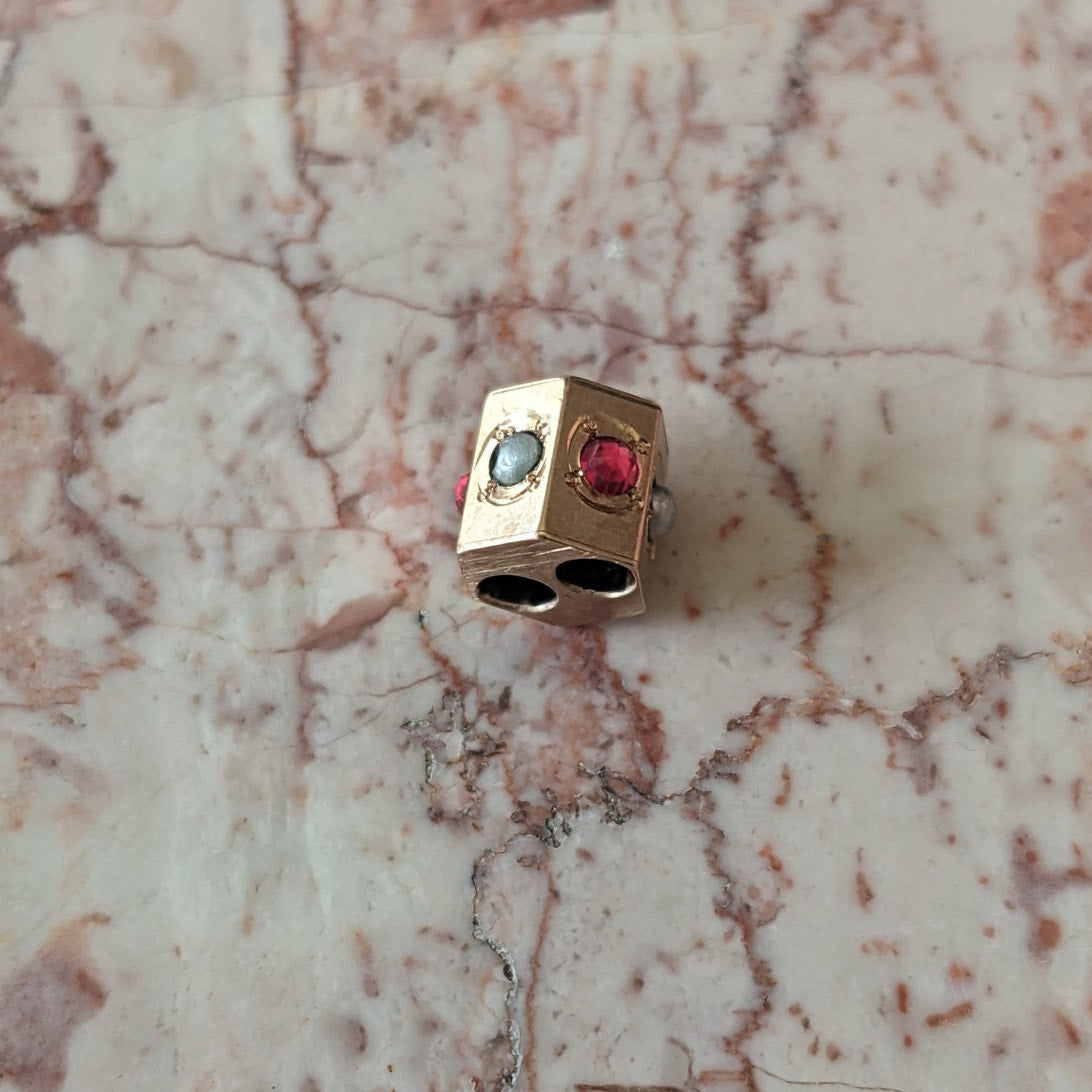 Vintage Unmarked 10k Gold Dainty Mini Pink and White Faux Stones Slider Charm