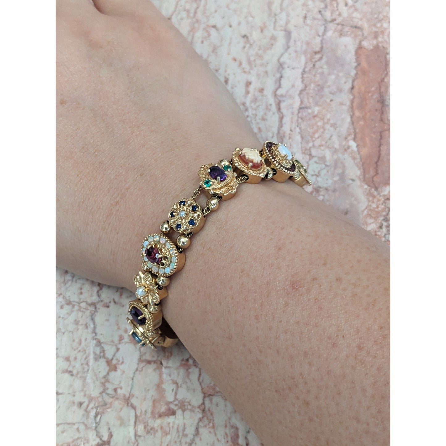 FLAW Vintage 14k Solid Gold Multi-Gemstone Slide Estate Bracelet