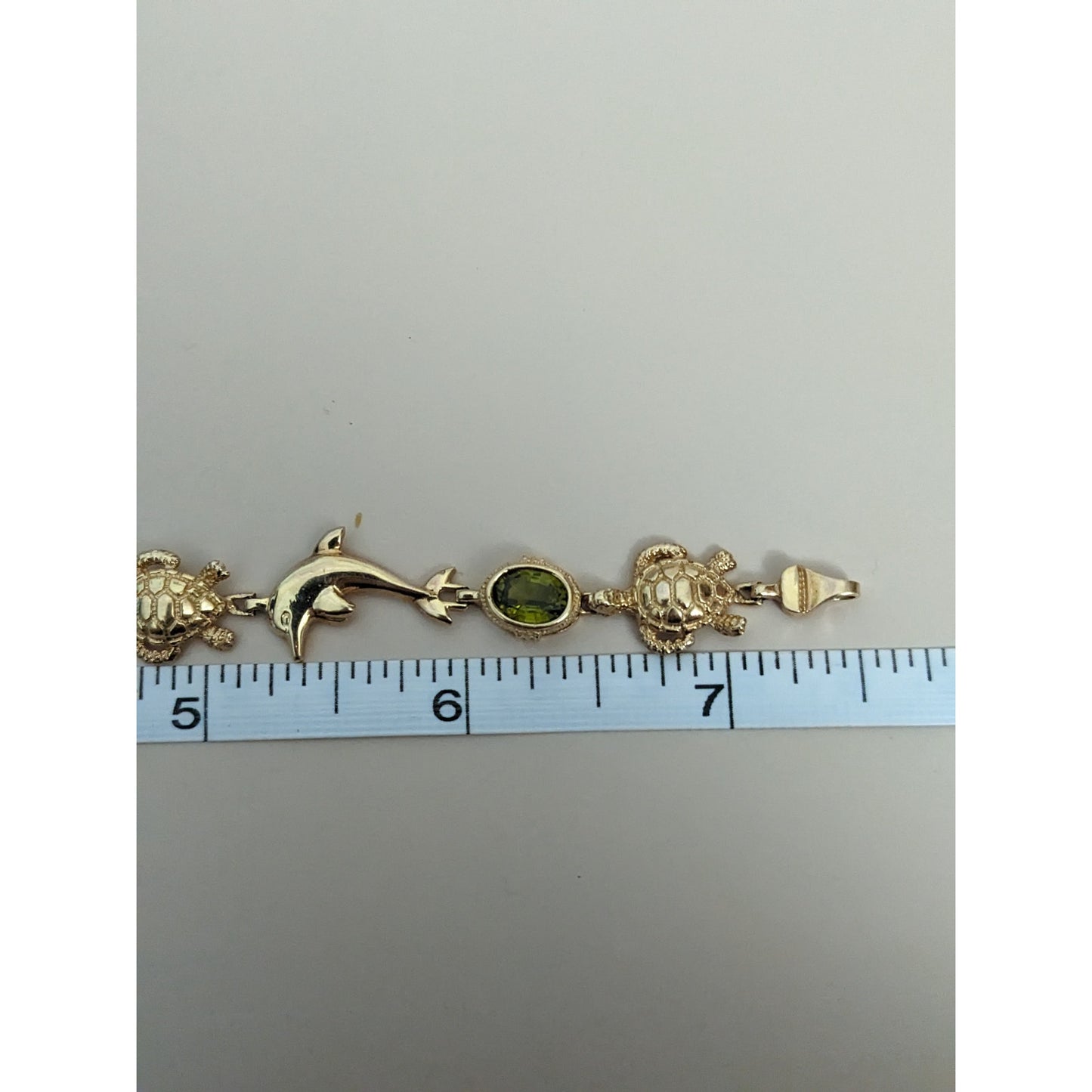 Vintage 14k Yellow Gold Peridot Turtle and Dolphin Bracelet 7.5in
