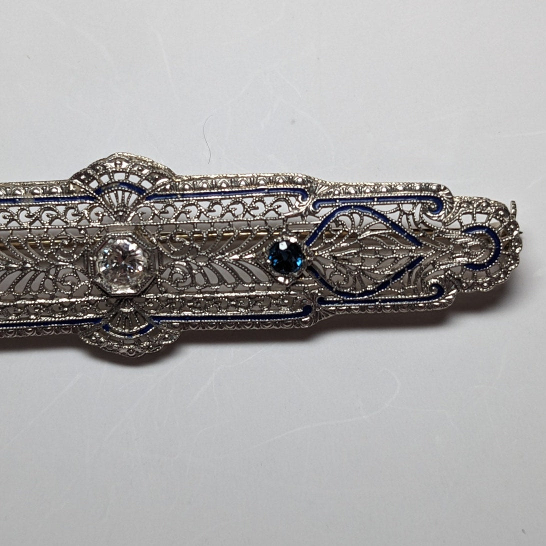 Vintage 14k White Gold Filigree Blue Enamel Diamond and Sapphire Accent Brooch