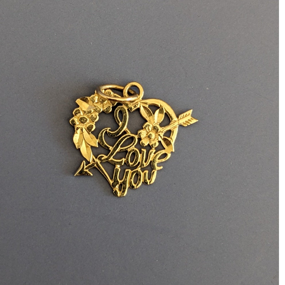 Estate 14k Yellow Gold "I Love You" Heart Pendant Charm with Arrow & Flowers