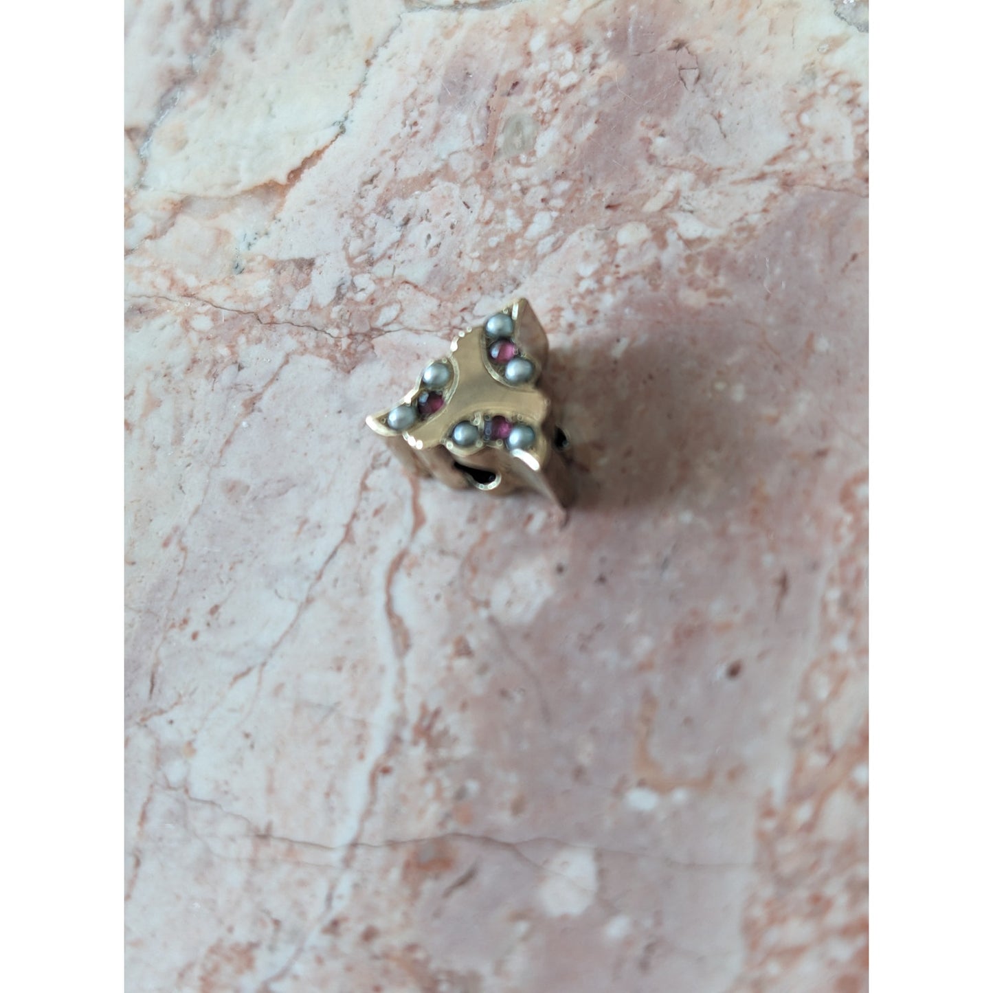 Vintage Unmarked 10k Gold Triangle Geometric Slider Charm Pink and White Stones