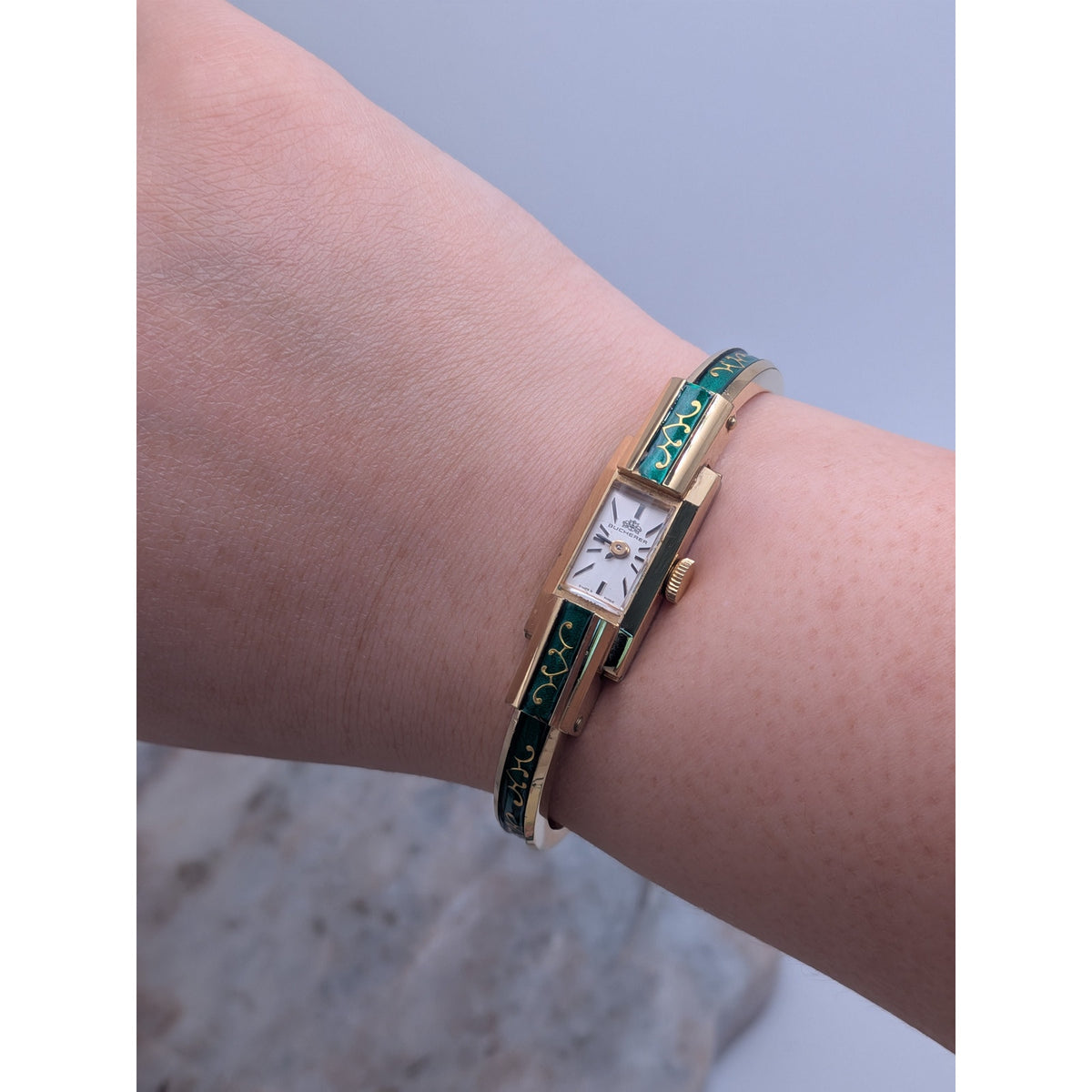 FLAW Vintage Bucherer Gold Tone Bangle Watch Green Enamel Gold Pattern Accent