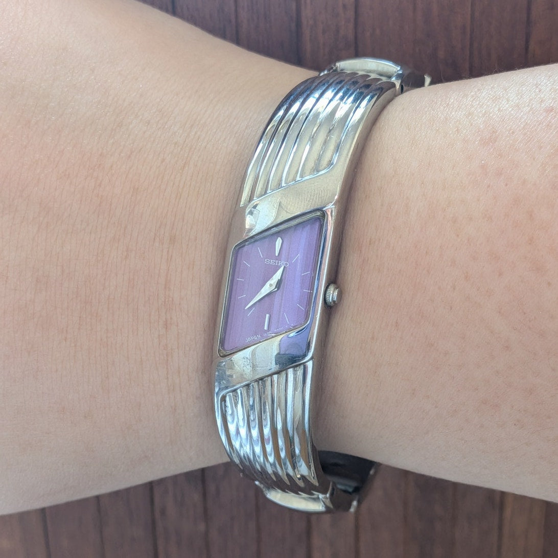 Vintage Seiko Rivoli Silver Tone Asymmetrical Watch Purple Dial