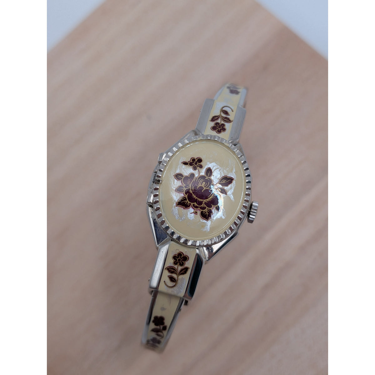 Vintage Andre Mouche Silver Tone Peekaboo Watch Cream Enamel Red Flowers w/ Box