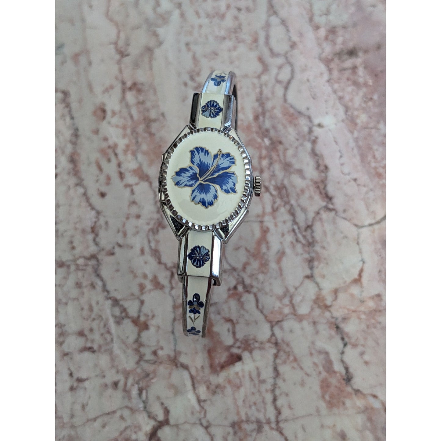 Vintage Andre Mouche Silver Tone Bangle Watch White Enamel Blue Flowers
