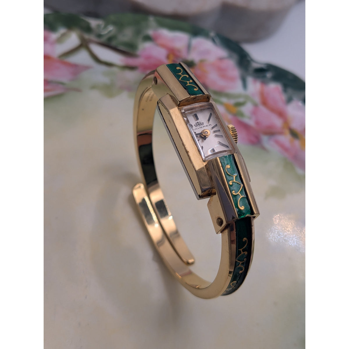 FLAW Vintage Bucherer Gold Tone Bangle Watch Green Enamel Gold Pattern Accent