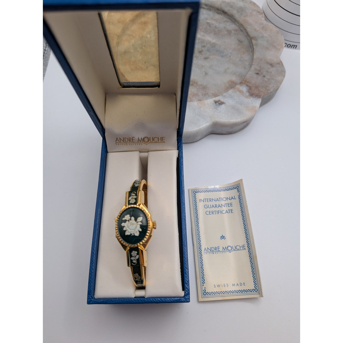 Vintage Andre Mouche Gold Tone Peekaboo Watch Dark Green Enamel White Flowers