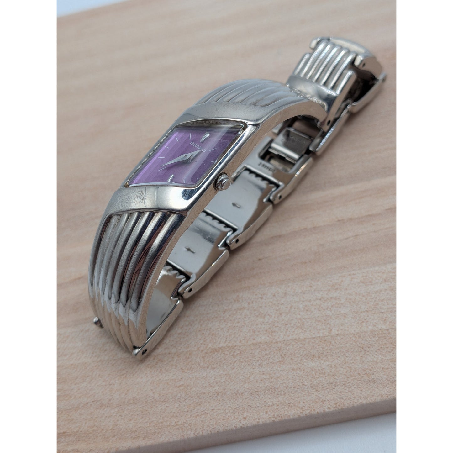 Vintage Seiko Rivoli Silver Tone Asymmetrical Watch Purple Dial