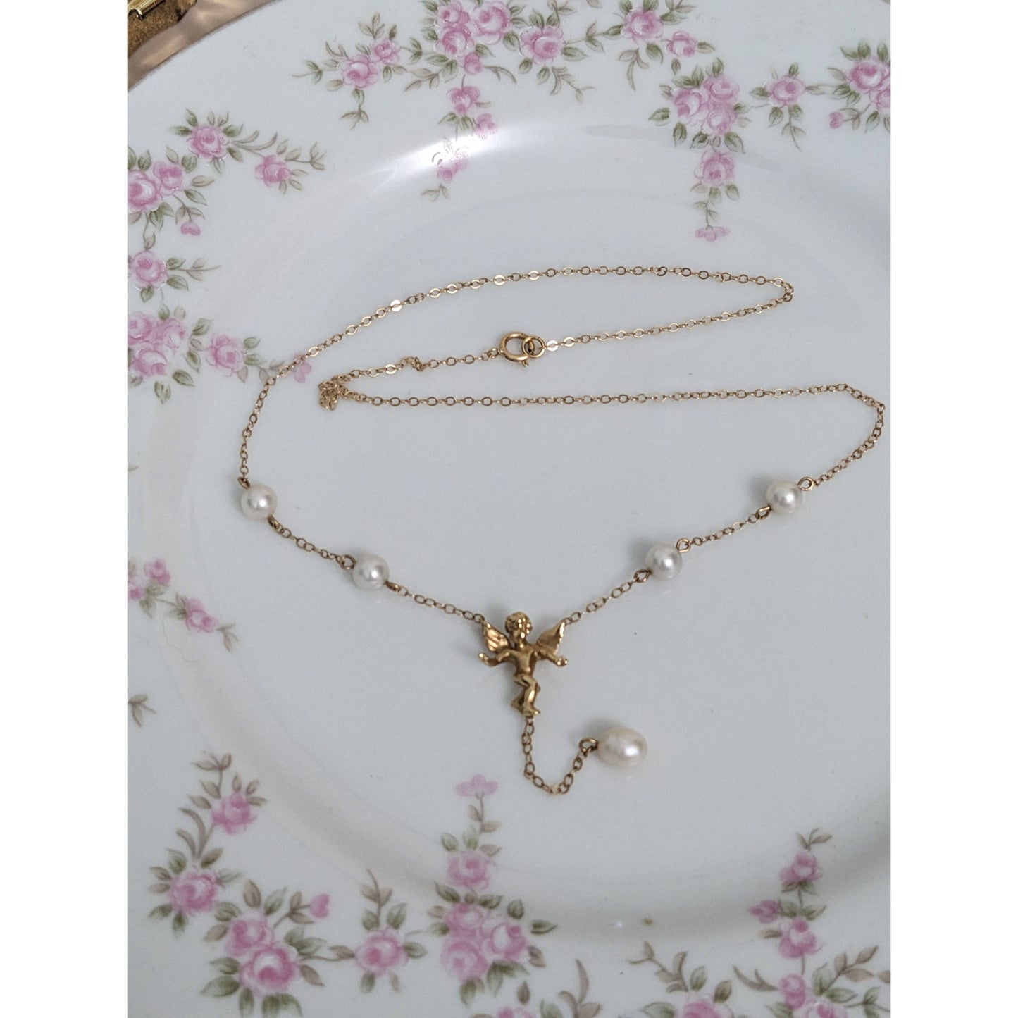 Vintage 14k Dainty Pearl and Chain Necklace with Dangling Cherub Angel 16.5in