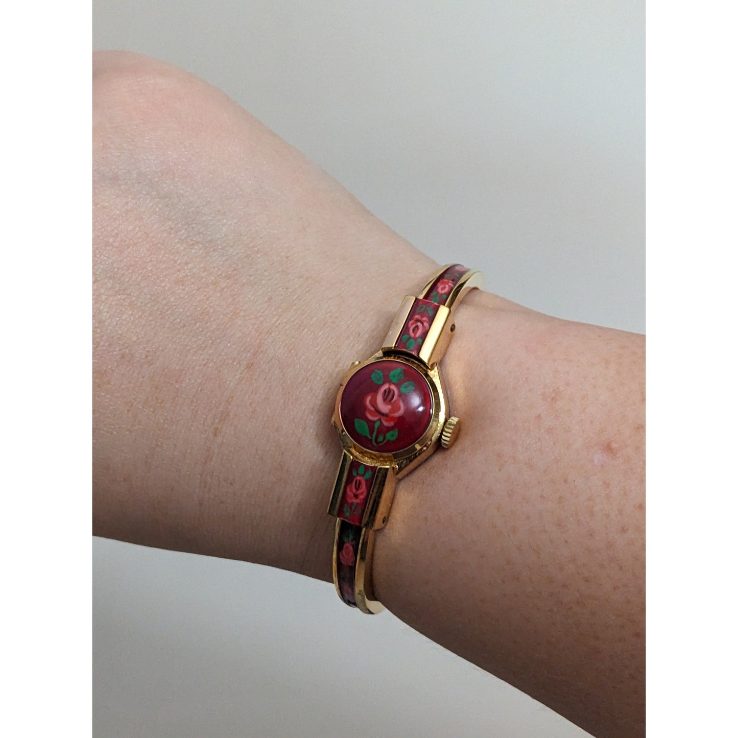 Vintage Andre Mouche Silver Tone Bangle Watch with Blue Floral Enamel Working