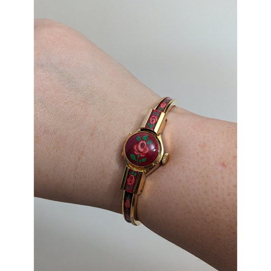 Vintage Andre Mouche Silver Tone Bangle Watch with Blue Floral Enamel Working