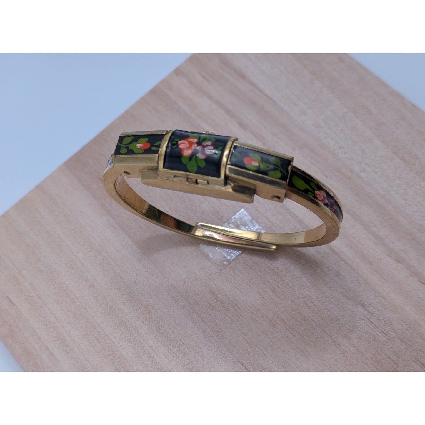 Vintage Ritma Gold Tone Peekaboo Watch Black Enamel Pink Purple Flowers