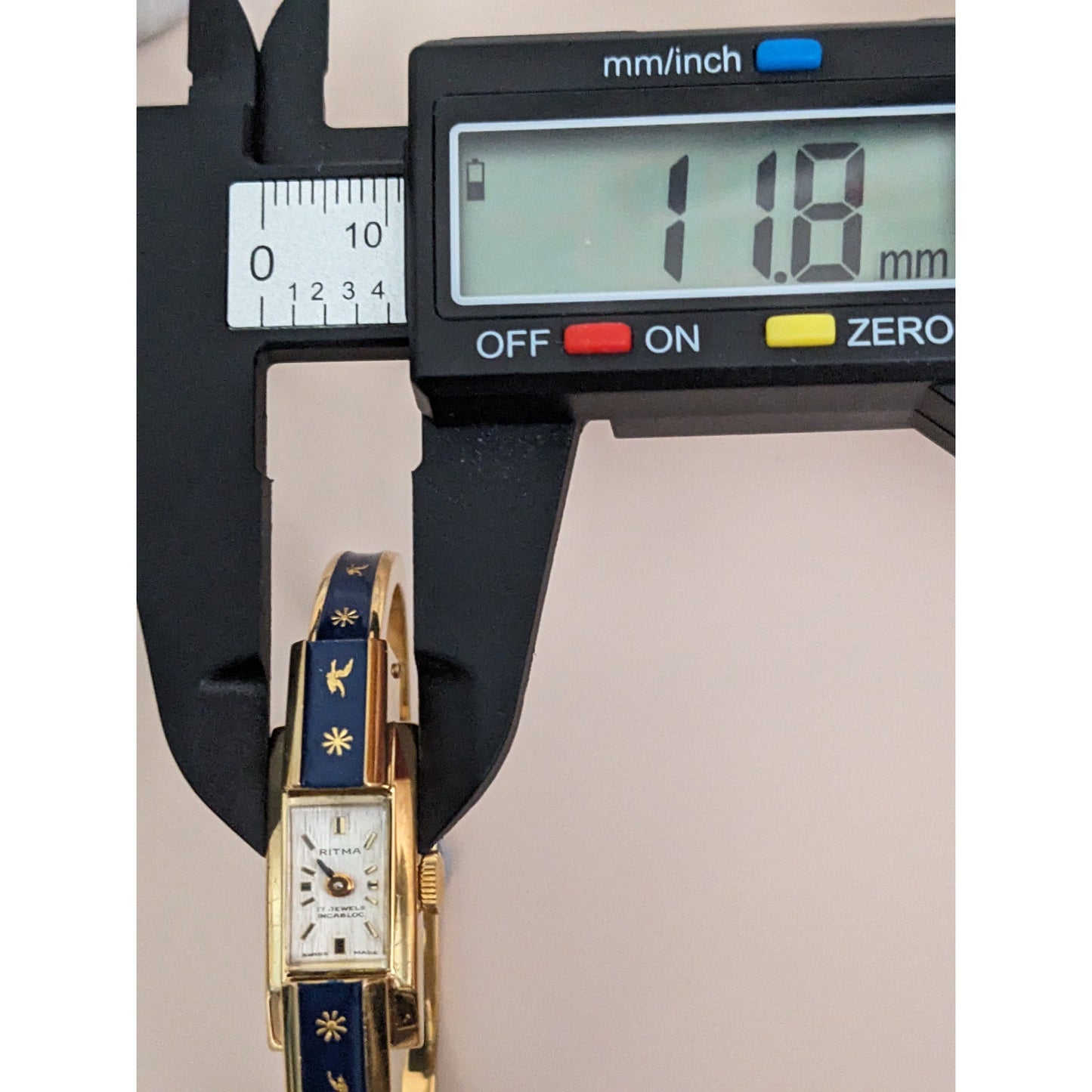 Vintage Andre Mouche Silver Tone Bangle Watch with Blue Floral Enamel Working