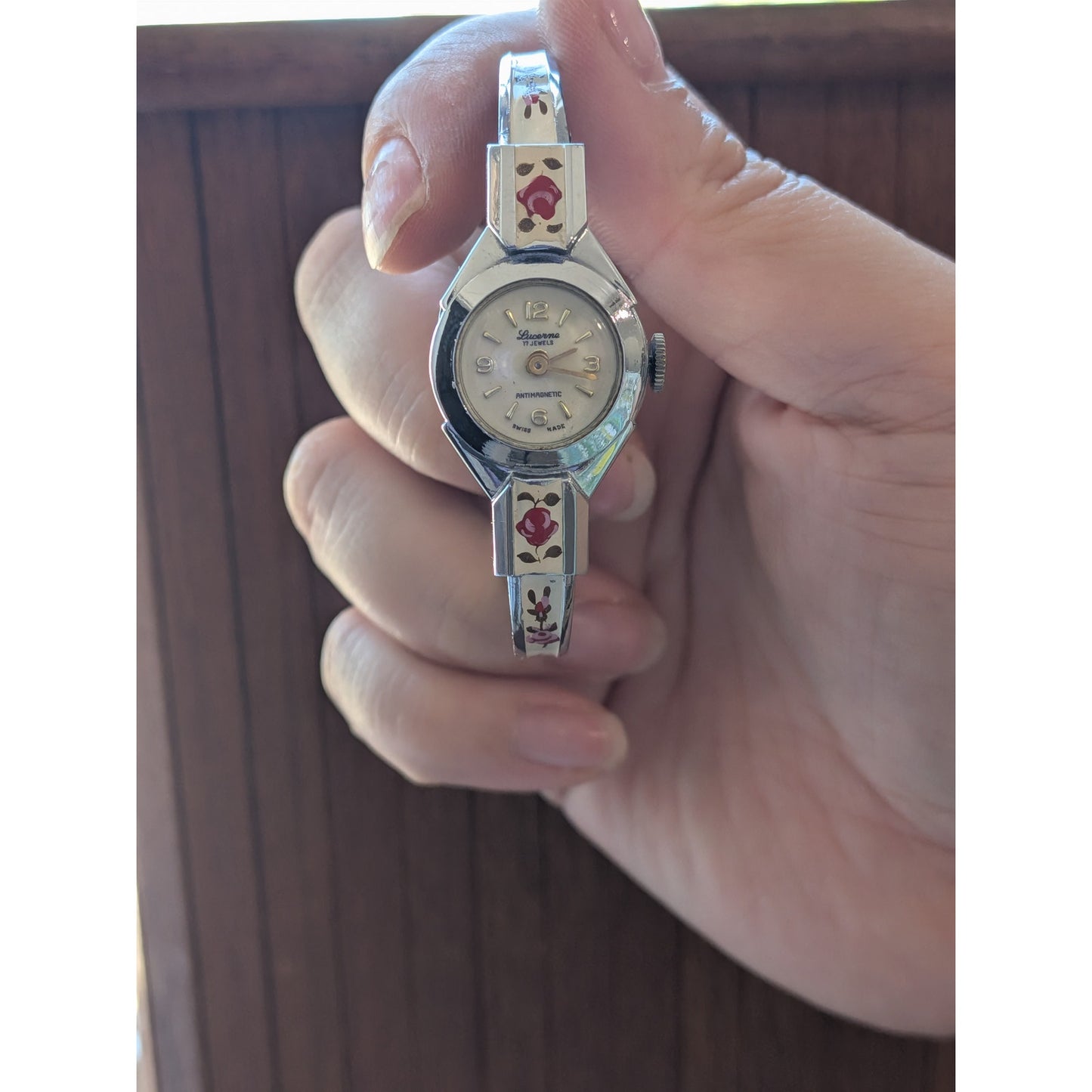 Vintage Lucerne Silver Tone Bangle Watch White Enamel Red Flowers