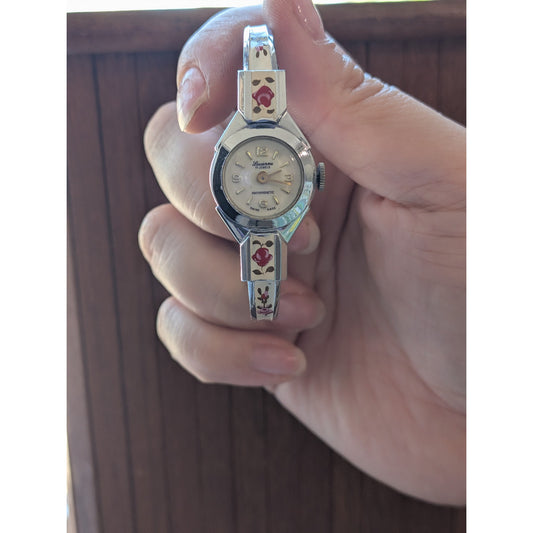 Vintage Lucerne Silver Tone Bangle Watch White Enamel Red Flowers