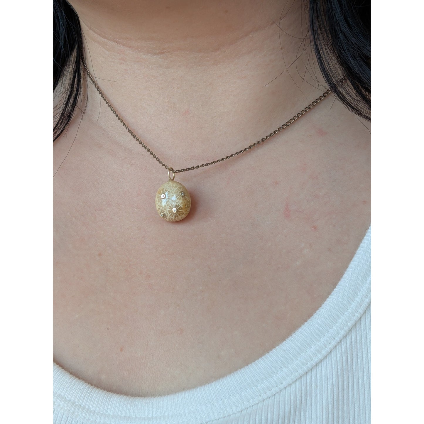 Carved Fossil Coral Pendant in Solid 14K Gold with Natural Diamonds Pendant
