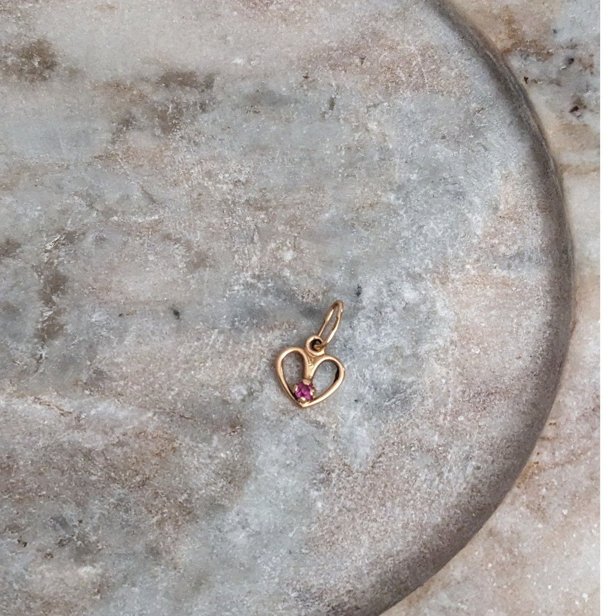 Vintage 14k Rose Gold Ultra Tiny Dainty Heart with Lab Ruby Charm