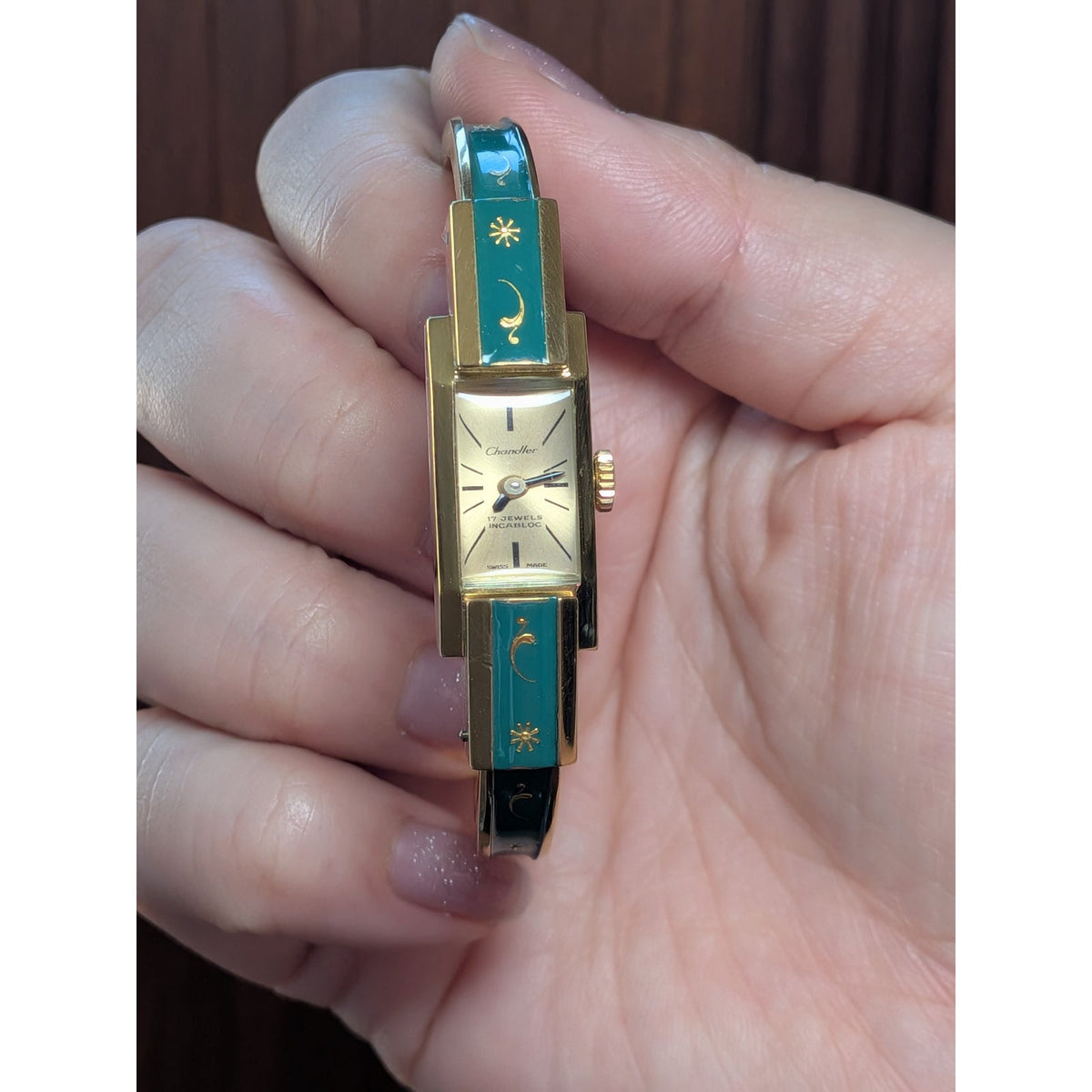 Vintage Chandler MANUAL Gold Tone Bangle Watch Green Enamel & Gold Floral Accent