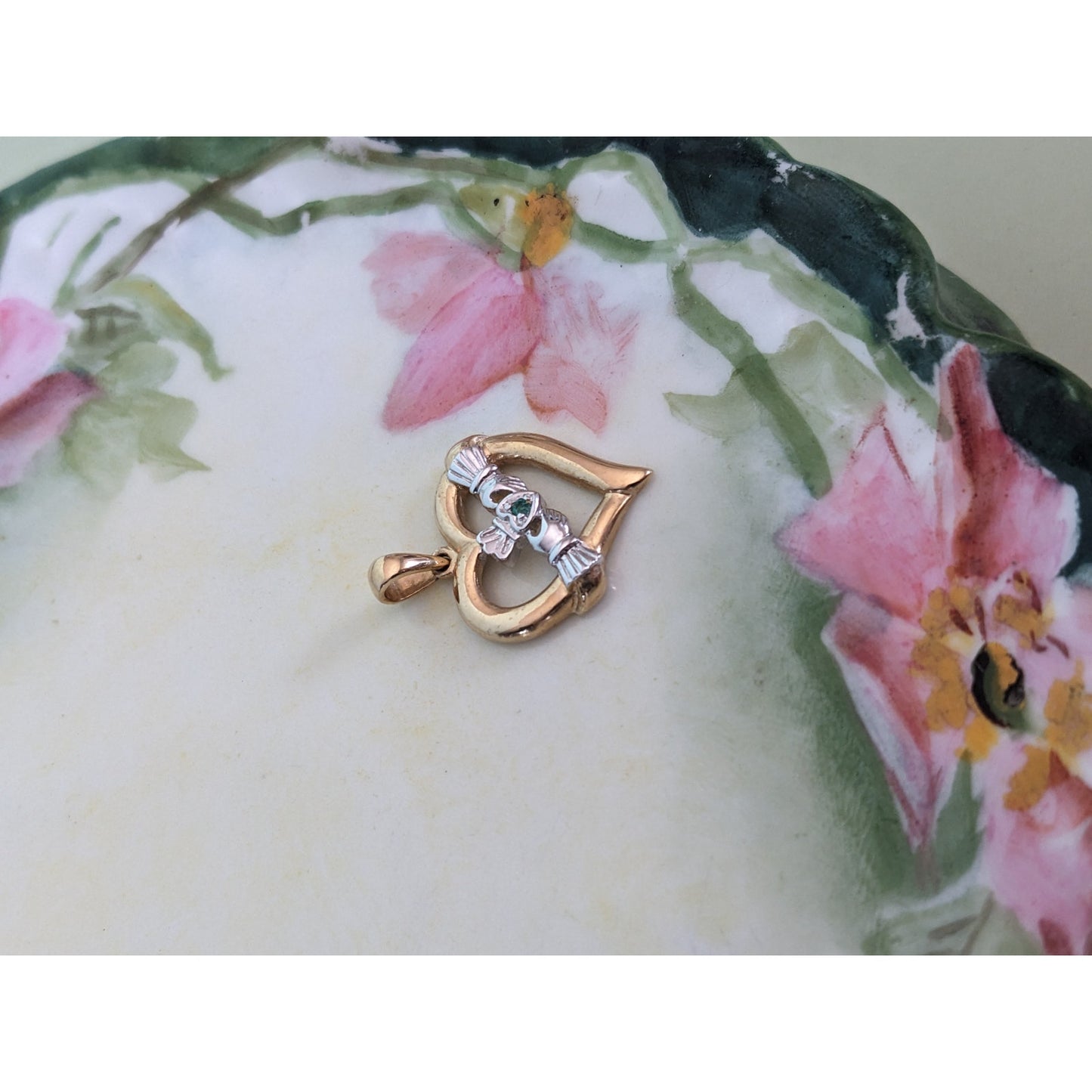 Vintage 14k Yellow and White Gold Claddagh Heart with Green Stone Pendant