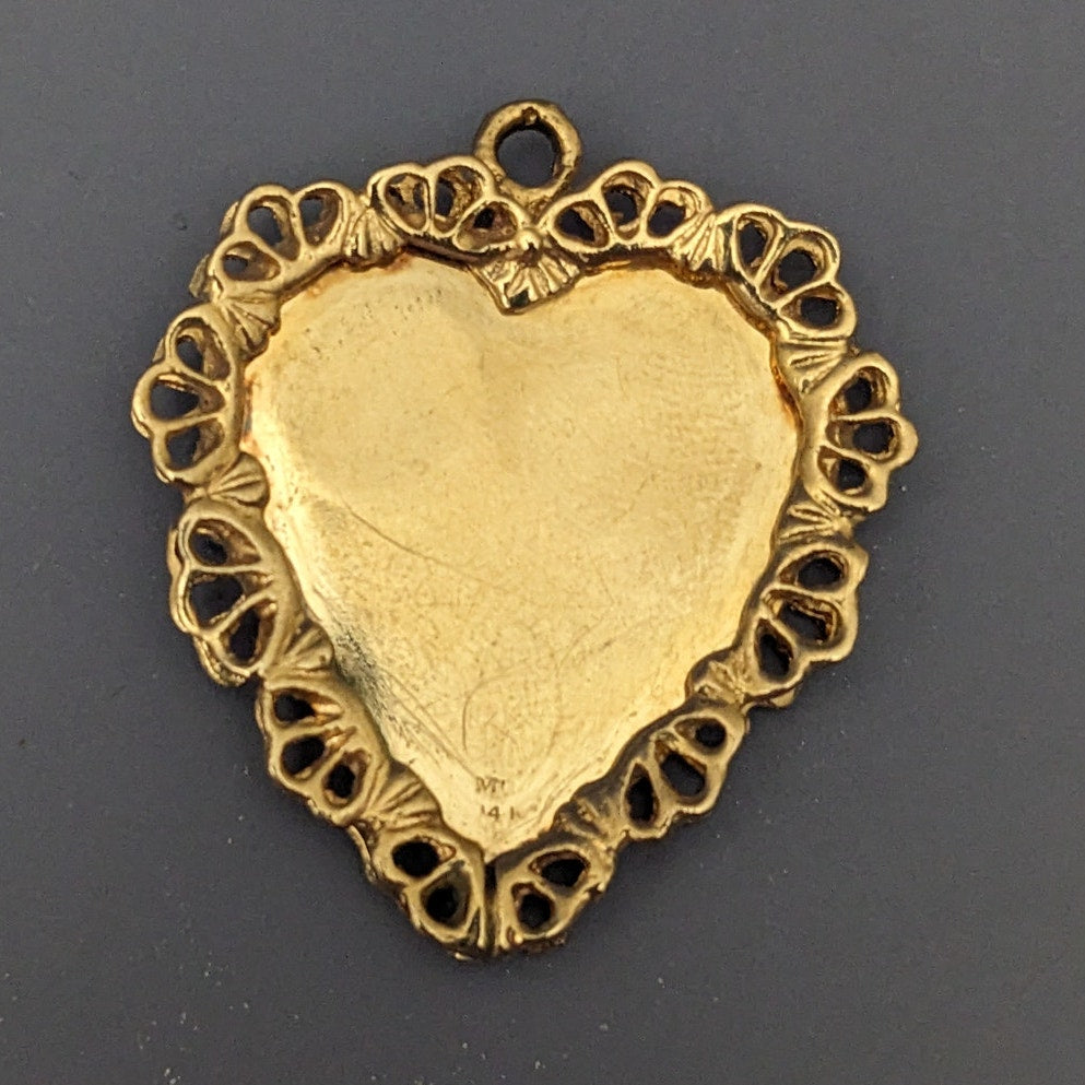 Vintage 14k Solid Yellow Gold with Pearls and Red Gem Flower Heart Pendant
