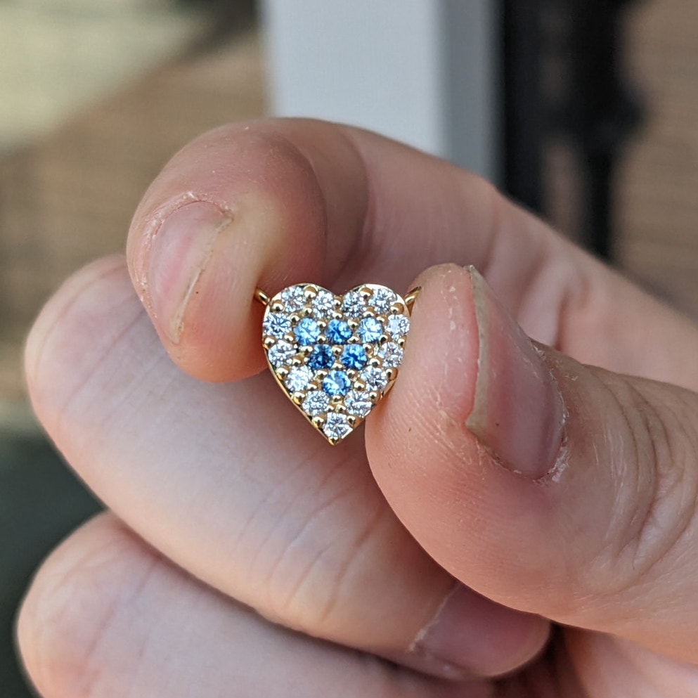 Custom 18k Yellow Gold Mini Heart Benitoites and Diamonds Cluster Charm Pendant