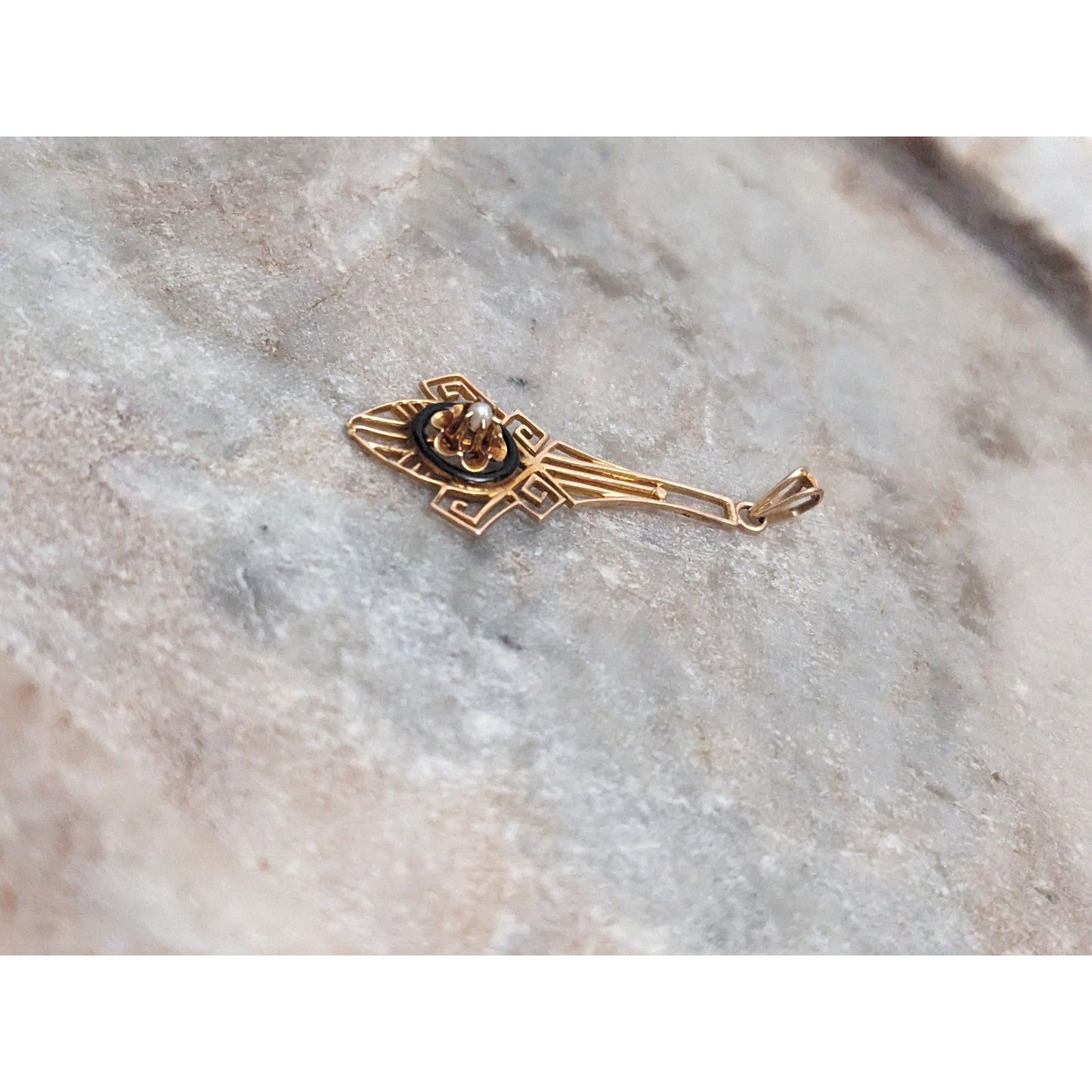 Vintage 10k Yellow Gold Pearl and Black Enamel Lavalier pendant