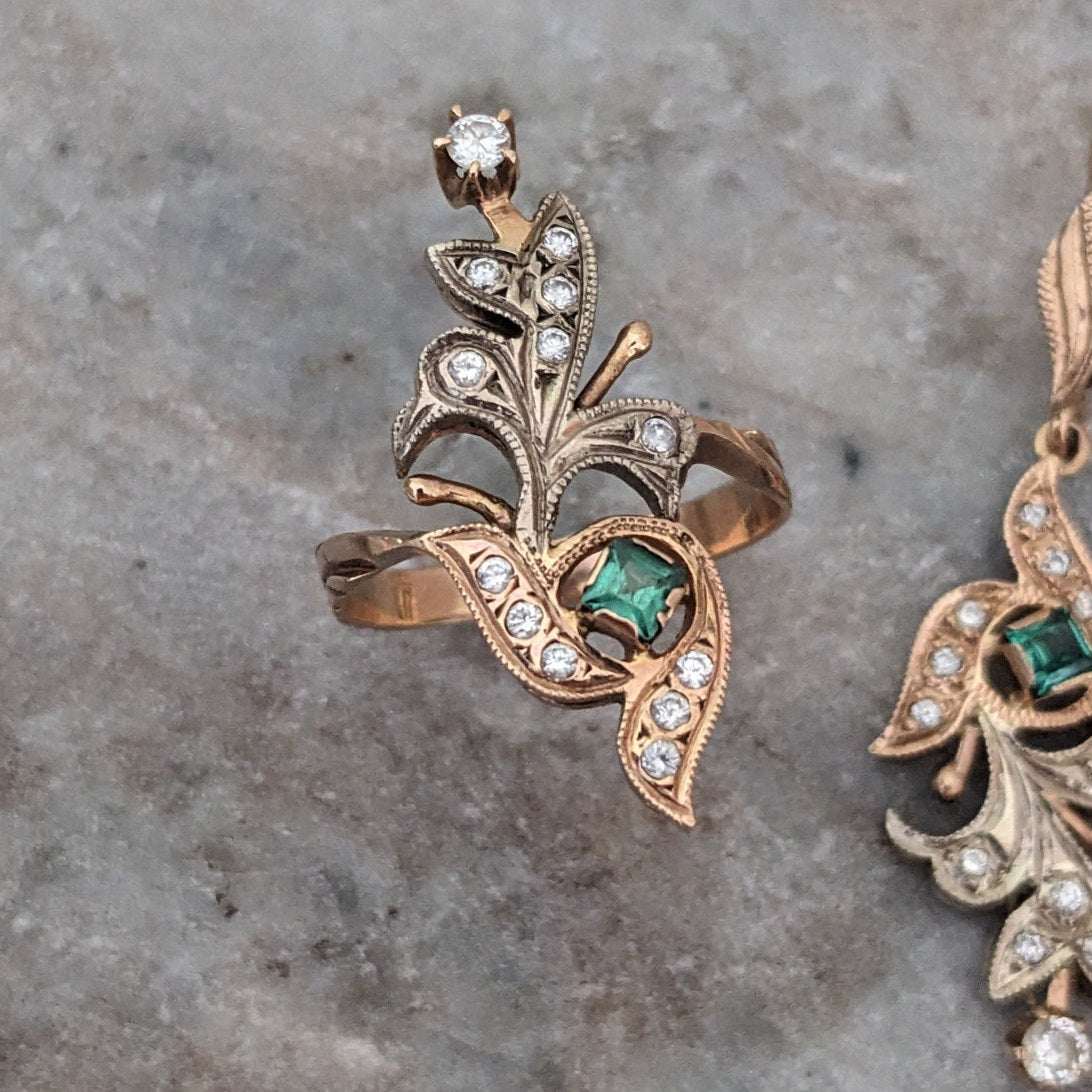 Vintage 1990s 14k Gold USSR Ring Size 9 & Earring Lab Emerald Natural Diamonds