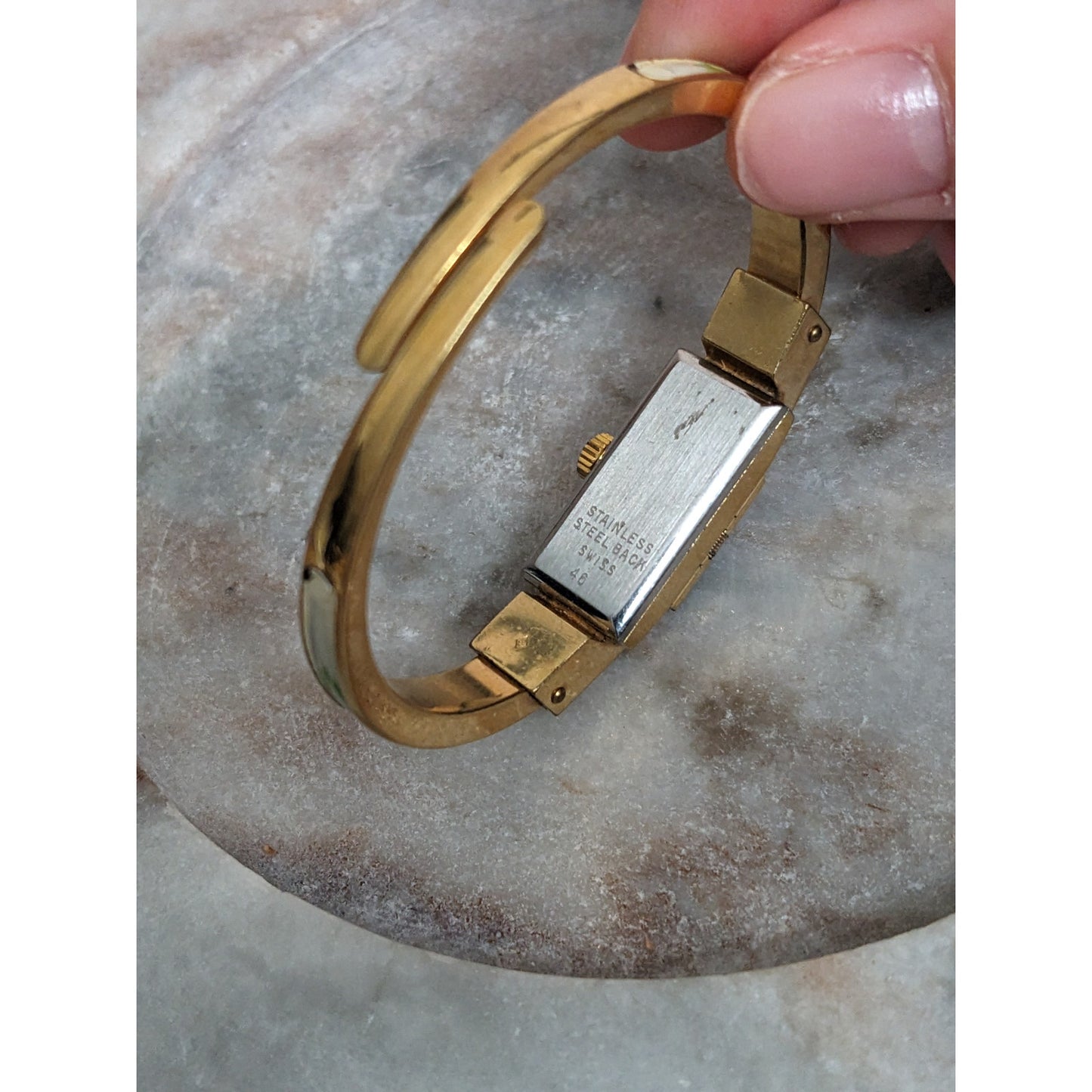 Vintage Andre Mouche Silver Tone Bangle Watch with Blue Floral Enamel Working