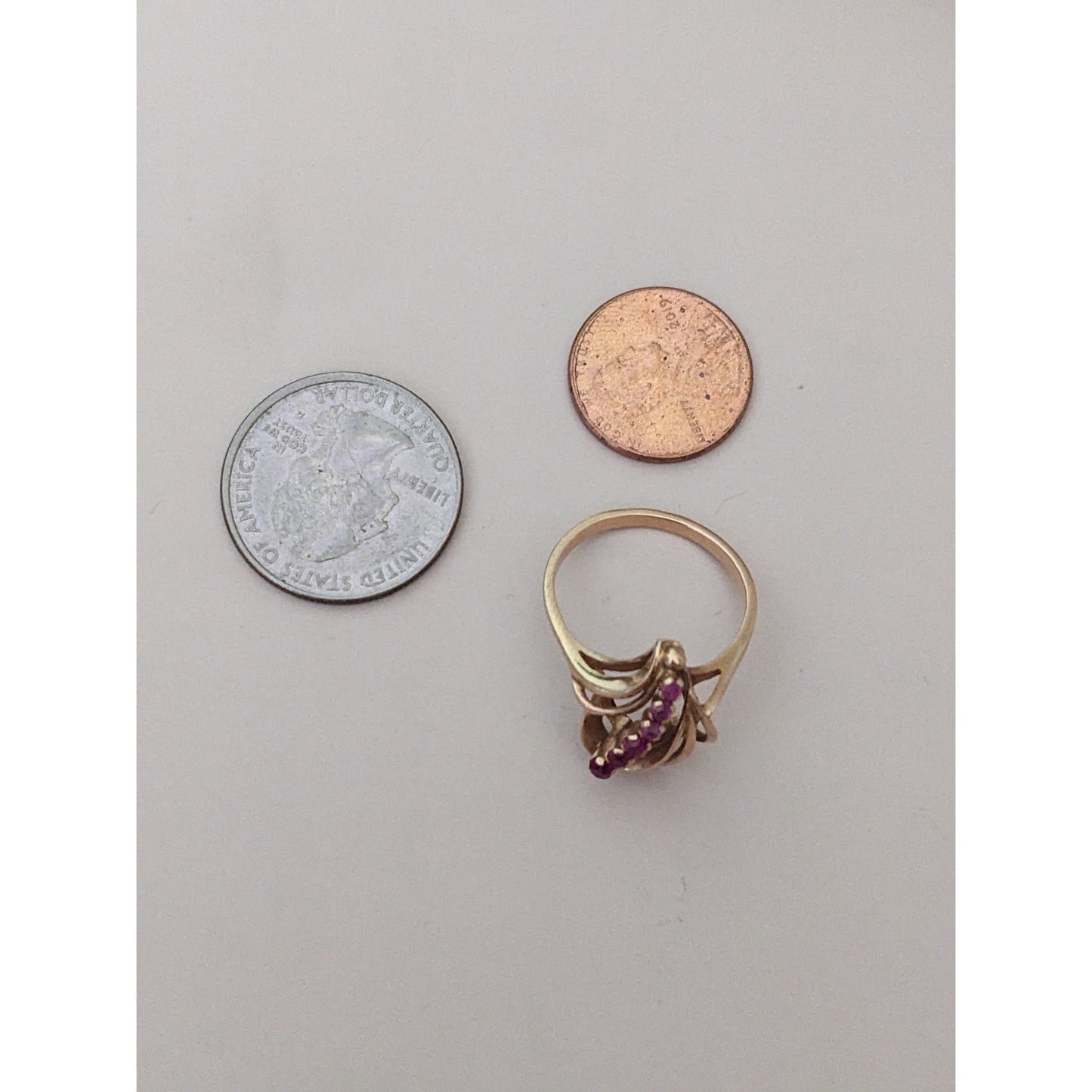 Vintage USSR 14k 1950s Gold Cocktail Abstract Ring with Lab Rubies Size 8.25