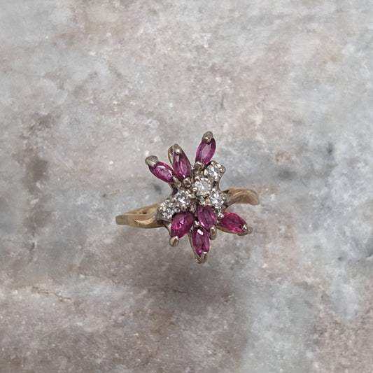 Vintage 14k Yellow Gold Floral Ruby and Diamond Ring Size 7.25