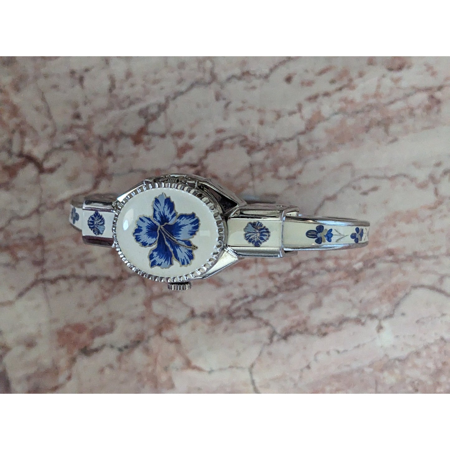 Vintage Andre Mouche Silver Tone Bangle Watch White Enamel Blue Flowers