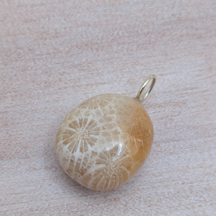 Carved Fossil Coral Pendant in Solid 14K Gold with Natural Diamonds Pendant
